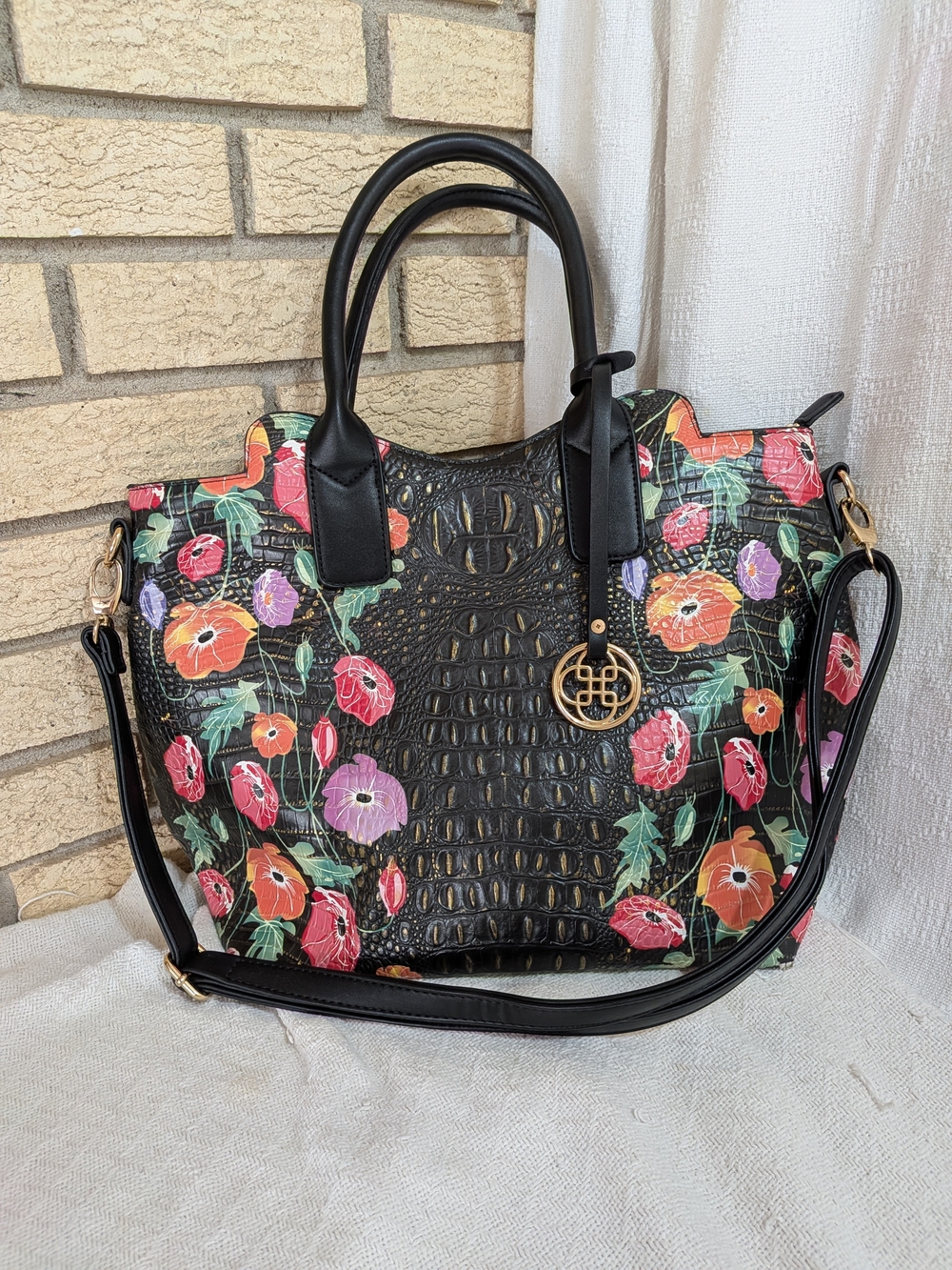 Floral Faux‑Croc Satchel Handbag • Black Multicolor • Shoulder Strap